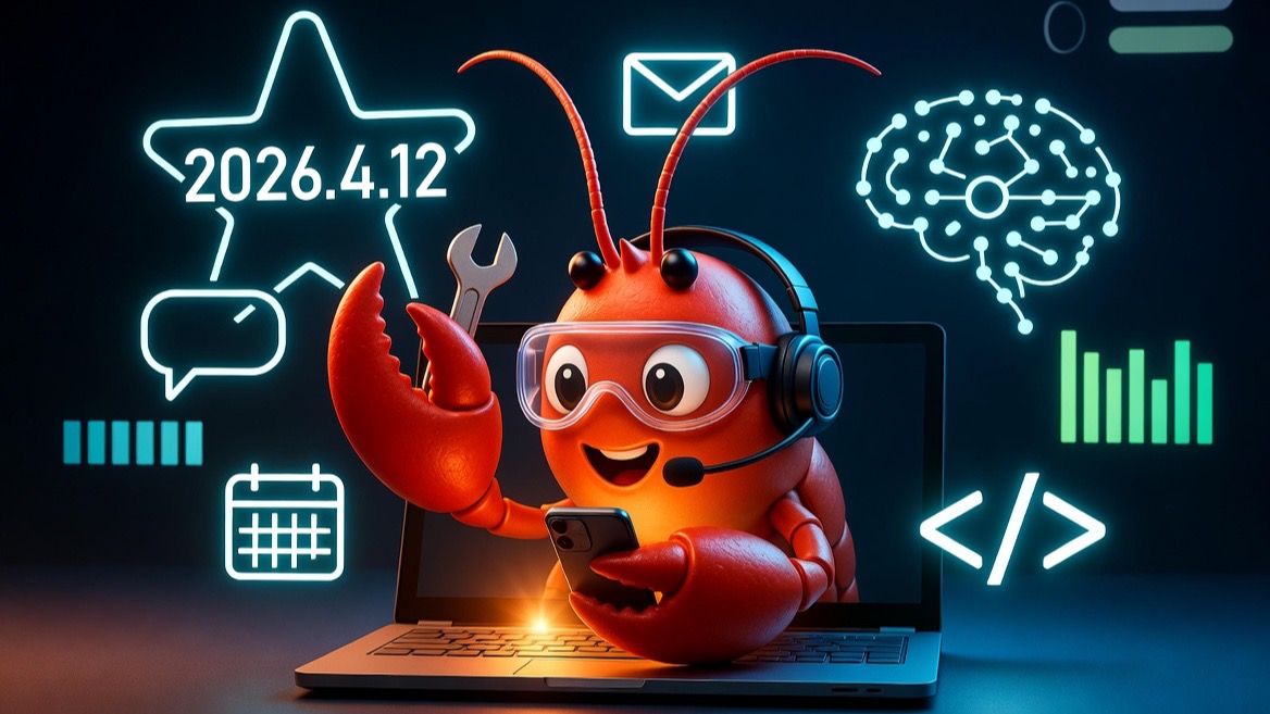 A cheerful red lobster-inspired OpenClaw operator mascot at a glowing laptop workstation with a 2026.4.12 star callout.