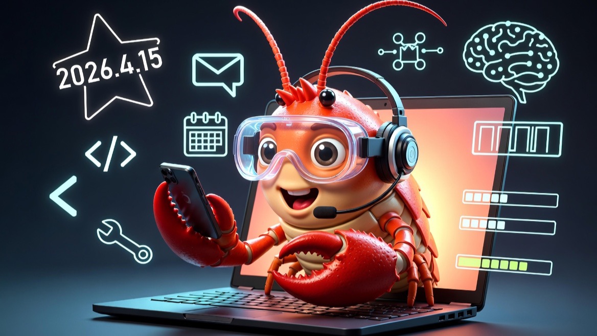A cheerful red lobster-inspired OpenClaw operator mascot at a glowing laptop workstation with a 2026.4.15 star callout.