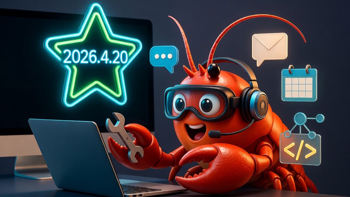 A cheerful red lobster-inspired OpenClaw operator mascot at a glowing laptop workstation with a 2026.4.20 star callout.