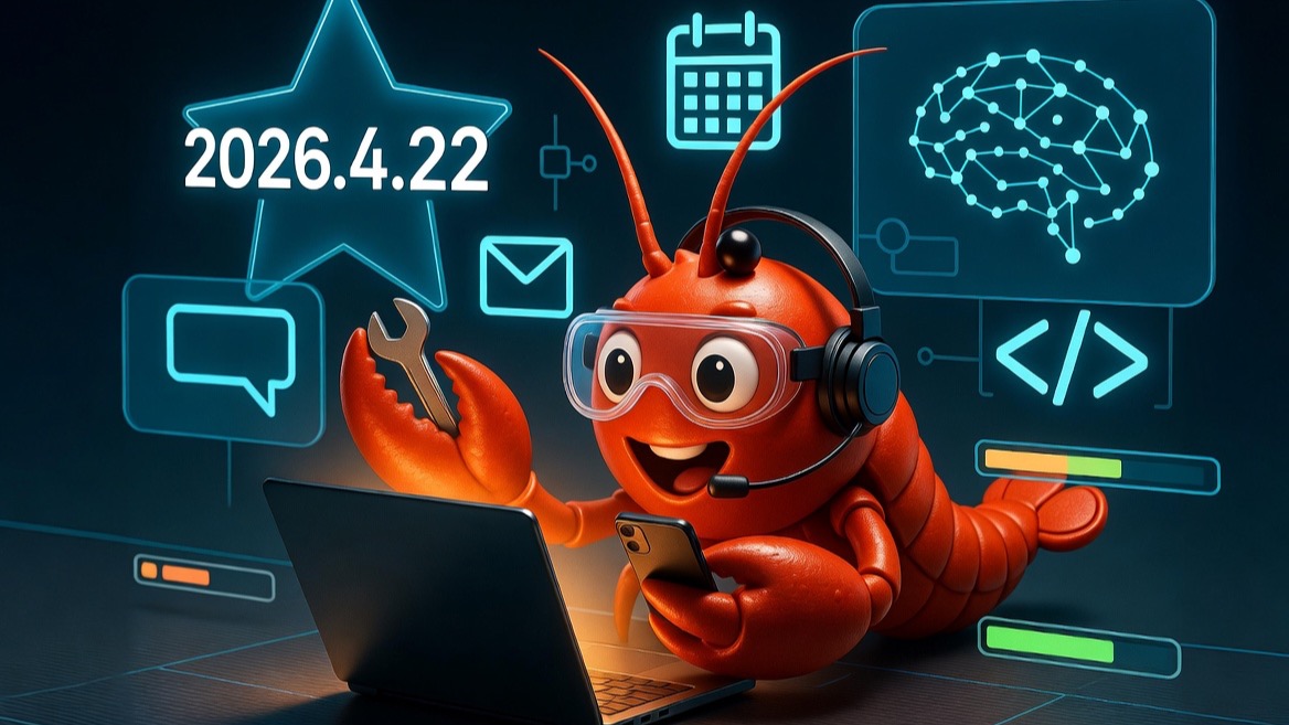 A cheerful red lobster-inspired OpenClaw operator mascot at a glowing laptop workstation with a 2026.4.22 star callout.