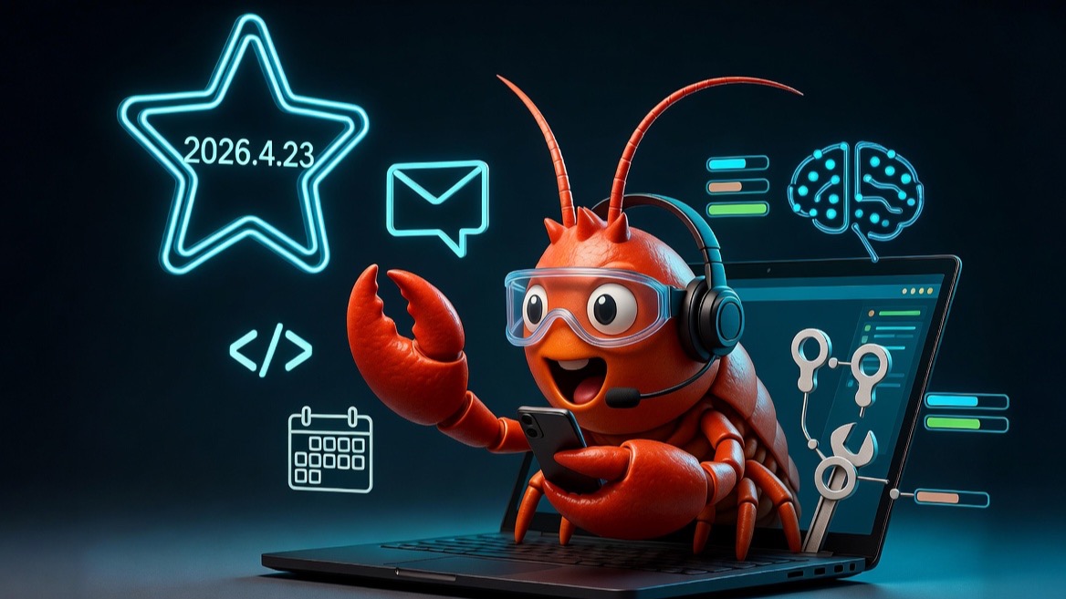 A cheerful red lobster-inspired OpenClaw operator mascot at a glowing laptop workstation with a 2026.4.23 star callout.