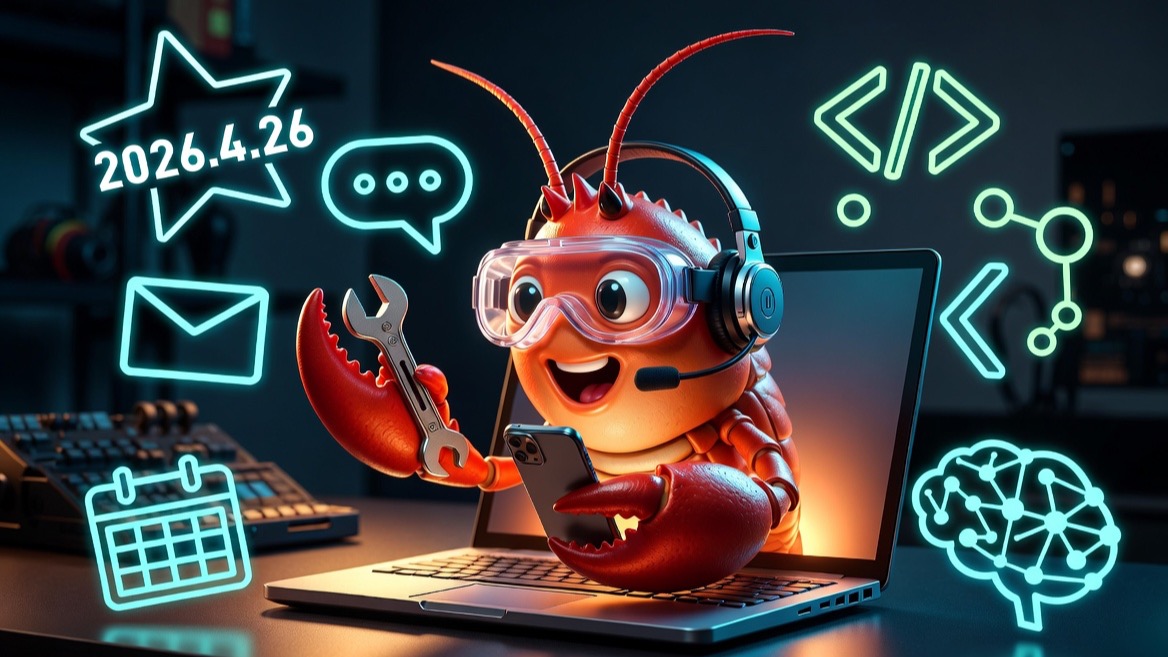 A cheerful red lobster-inspired OpenClaw operator mascot at a glowing laptop workstation with a 2026.4.26 star callout.