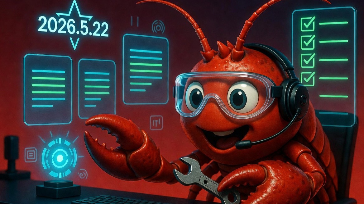 A cheerful red lobster-inspired OpenClaw operator mascot at a glowing laptop workstation with a 2026.5.22 star callout.