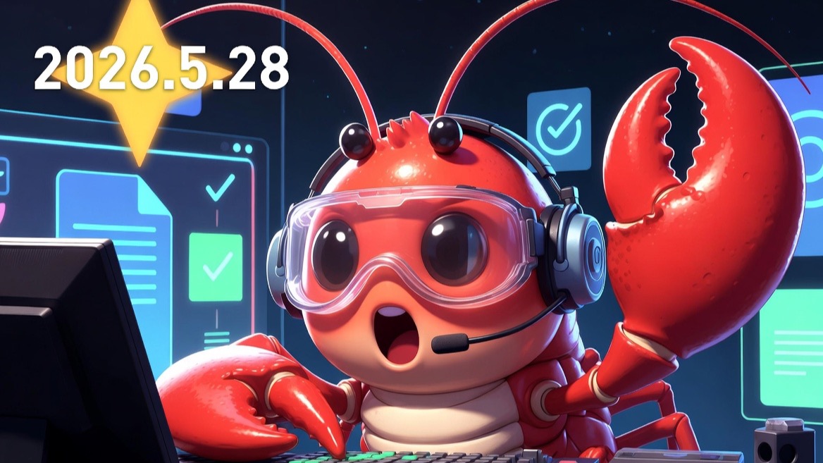 A red lobster-inspired OpenClaw operator mascot at a glowing workstation with a 2026.5.28 release callout.