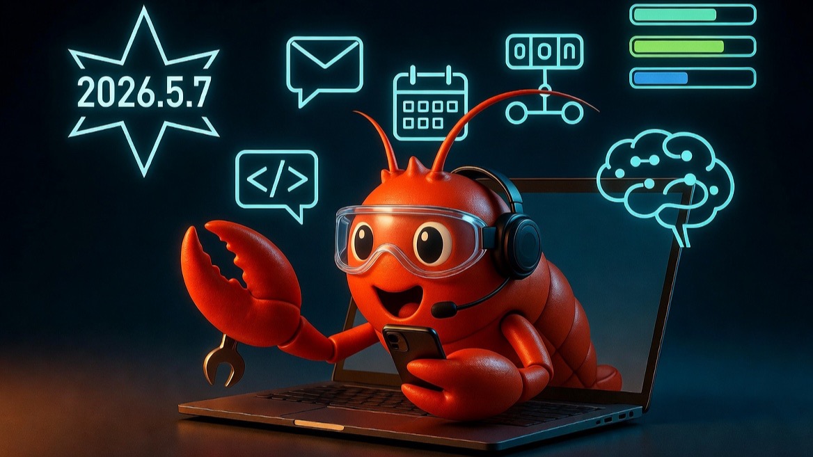 A cheerful red lobster-inspired OpenClaw operator mascot at a glowing laptop workstation with a 2026.5.7 star callout.