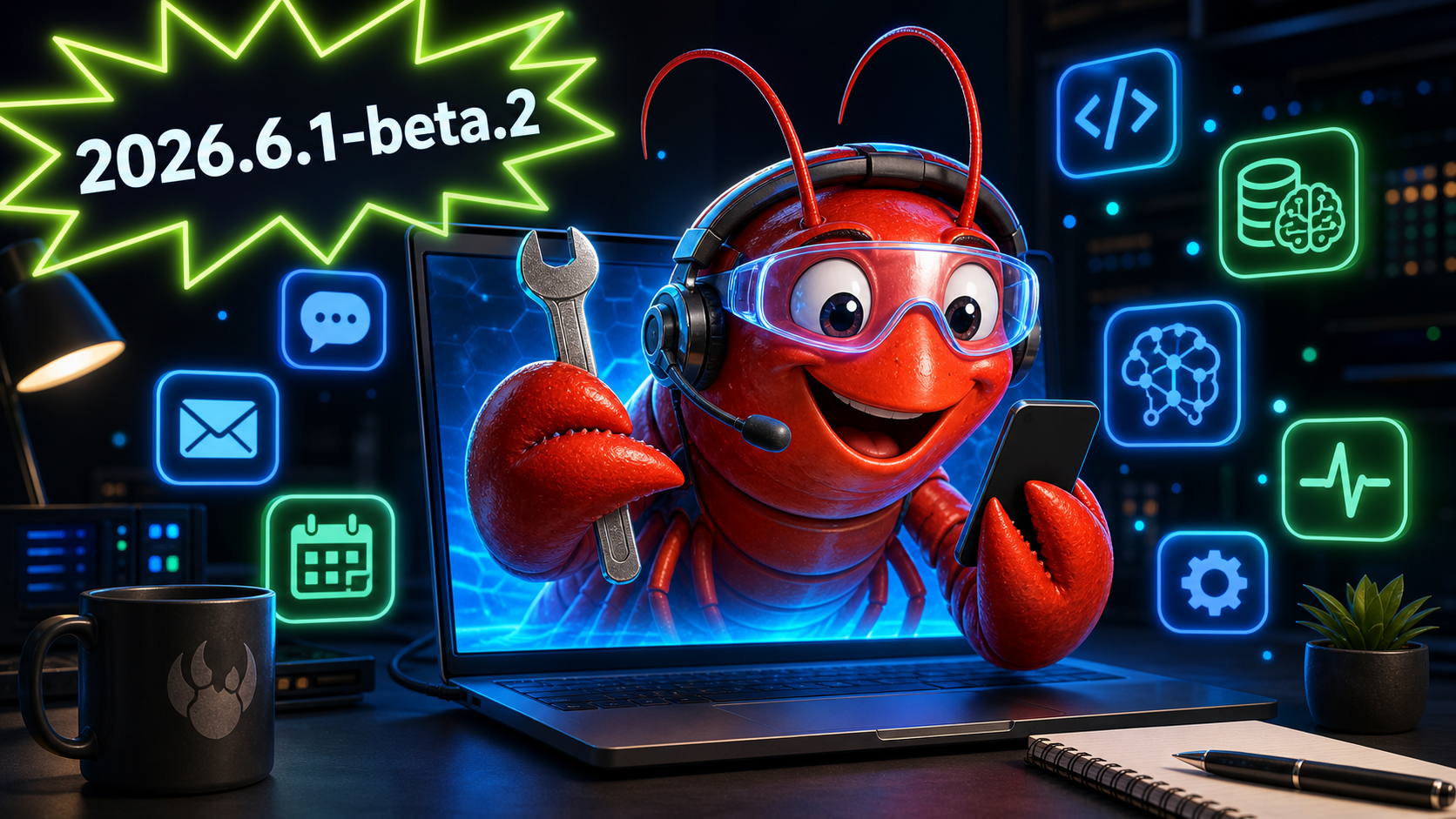 A cheerful red lobster-inspired OpenClaw operator mascot at a glowing workstation with a 2026.6.1-beta.2 release callout.