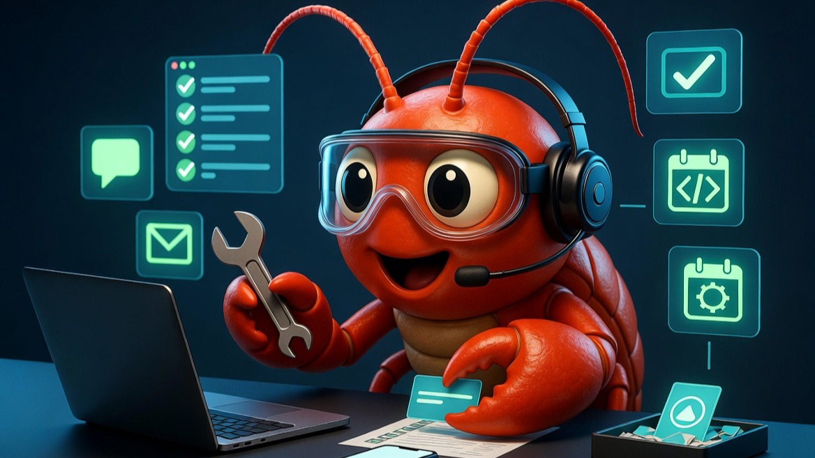 A red lobster-inspired OpenClaw operator mascot reviewing the 2026.6.1 release at a workstation.