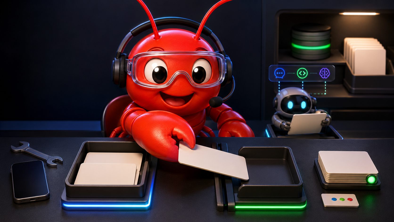 A red lobster-inspired OpenClaw operator mascot reviewing the 2026.6.10 release at a workstation.