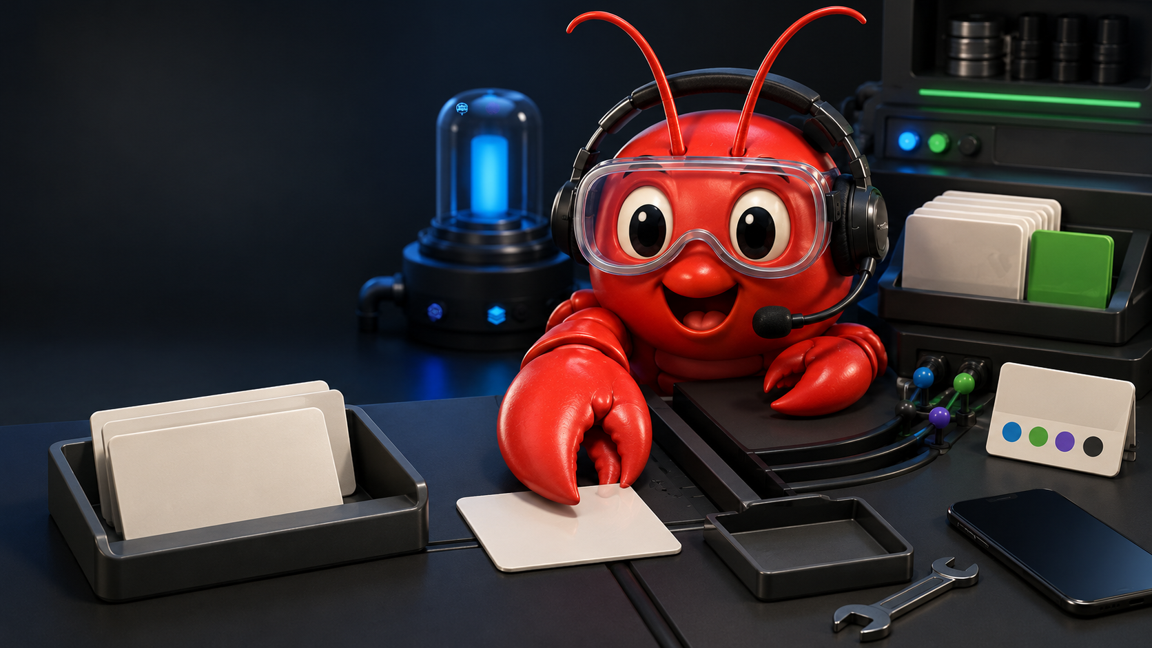 A red lobster-inspired OpenClaw operator mascot reviewing the 2026.6.11-beta.2 release at a workstation.