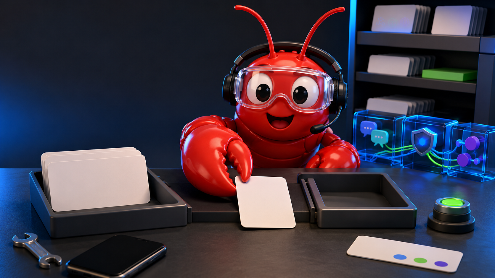 A red lobster-inspired OpenClaw operator mascot reviewing the 2026.6.11 release at a workstation.