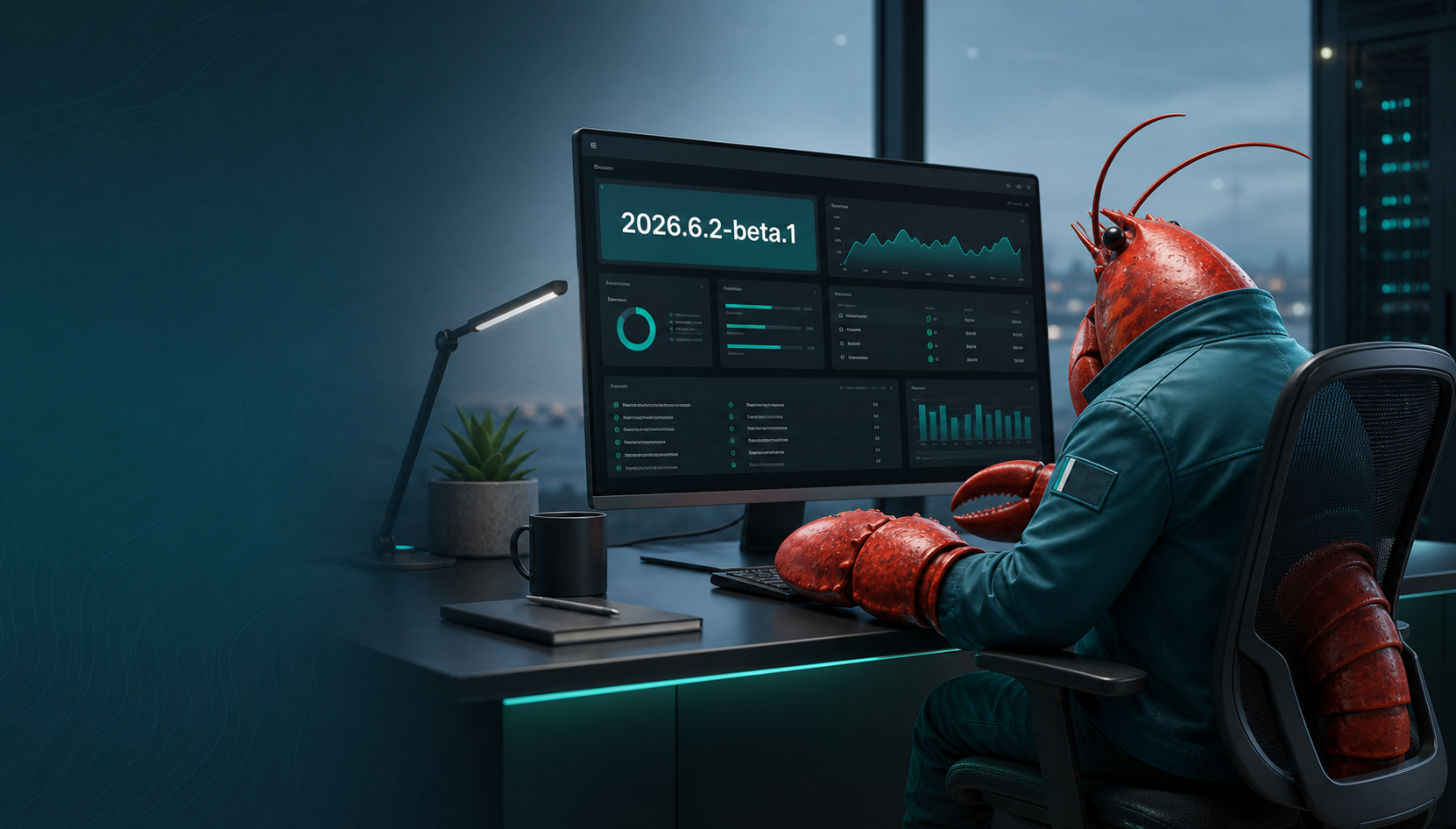 A red lobster-inspired OpenClaw operator mascot reviewing the 2026.6.2-beta.1 release at a workstation.