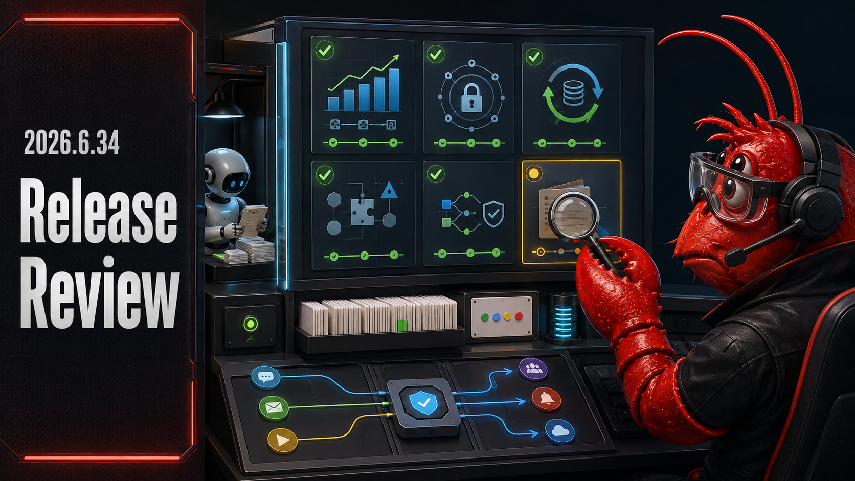 A red lobster-inspired OpenClaw operator mascot reviewing the 2026.6.34 release at a workstation.