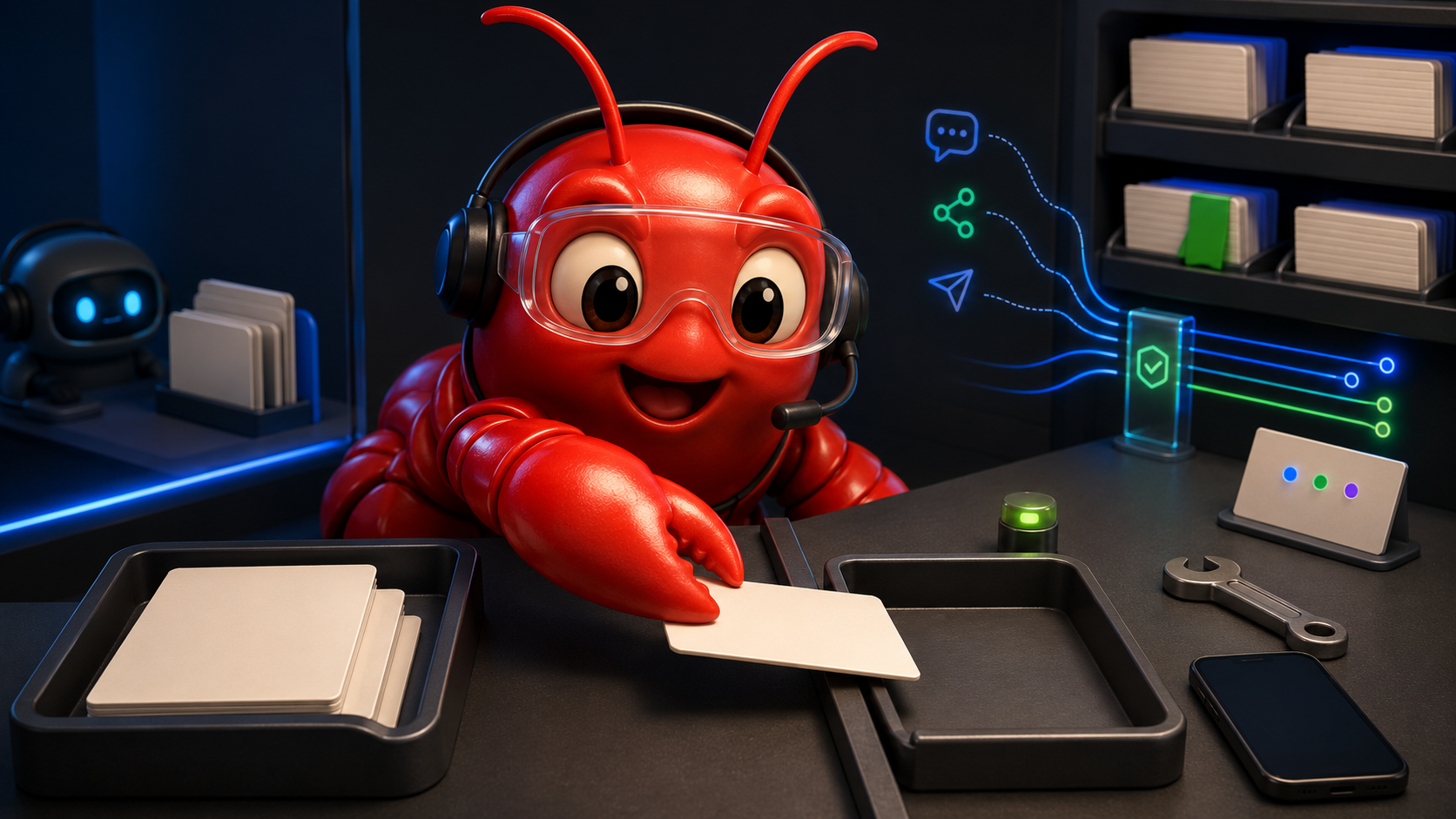 A red lobster-inspired OpenClaw operator mascot reviewing the 2026.6.5 release at a workstation.