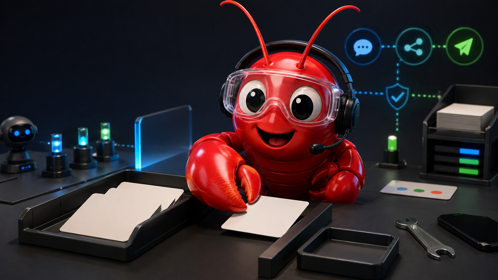 A red lobster-inspired OpenClaw operator mascot reviewing the 2026.6.6 release at a workstation.