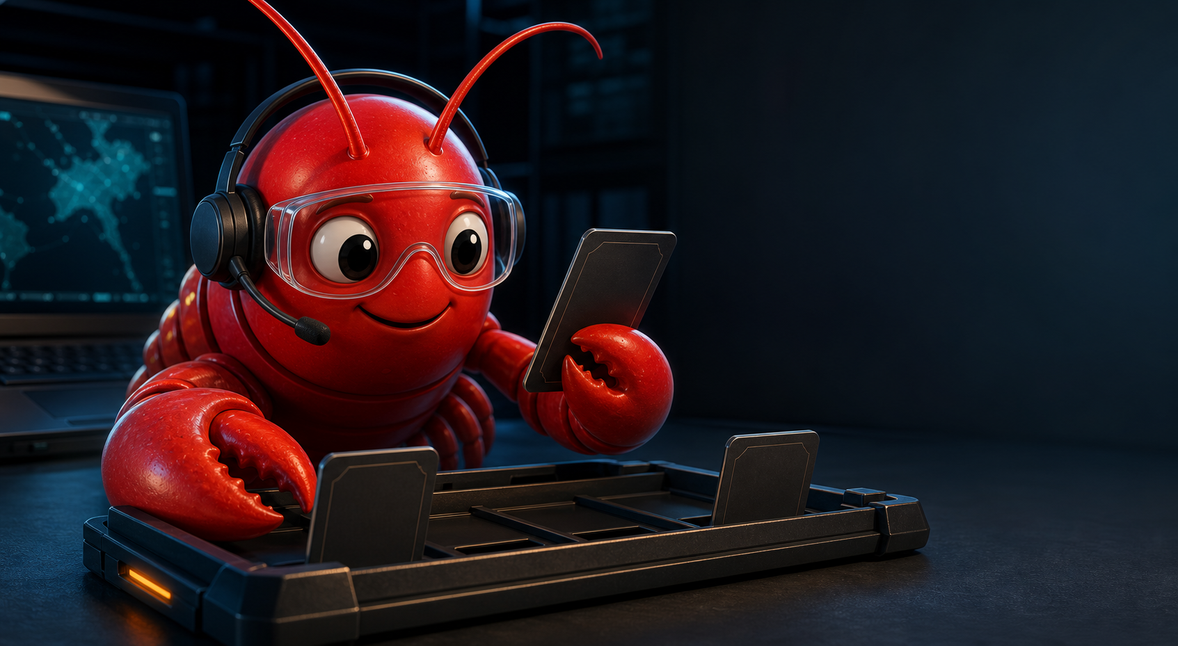 A red lobster-inspired OpenClaw operator mascot reviewing the 2026.6.8-beta.1 release at a workstation.