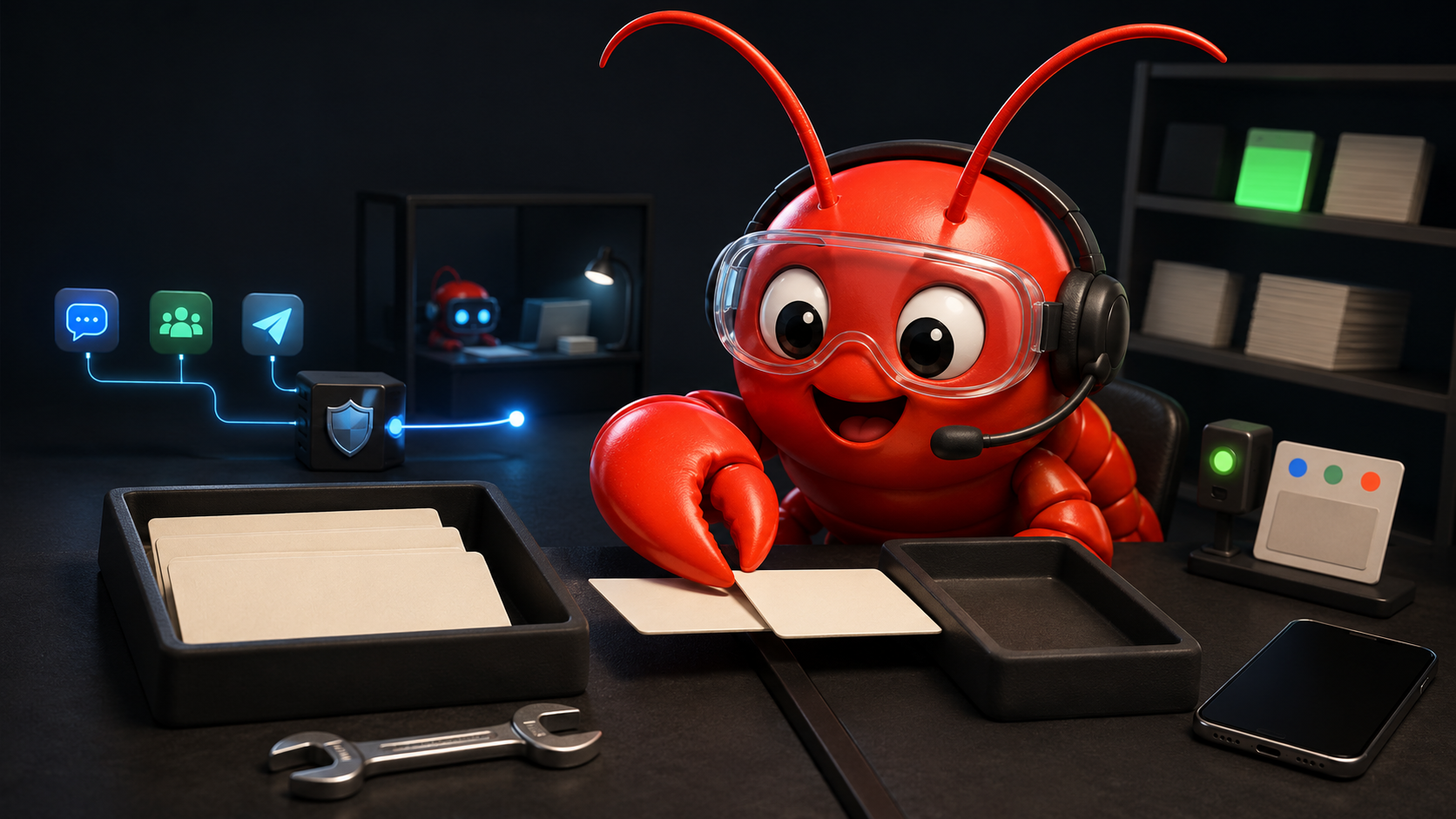 A red lobster-inspired OpenClaw operator mascot reviewing the 2026.6.9-beta.1 release at a workstation.
