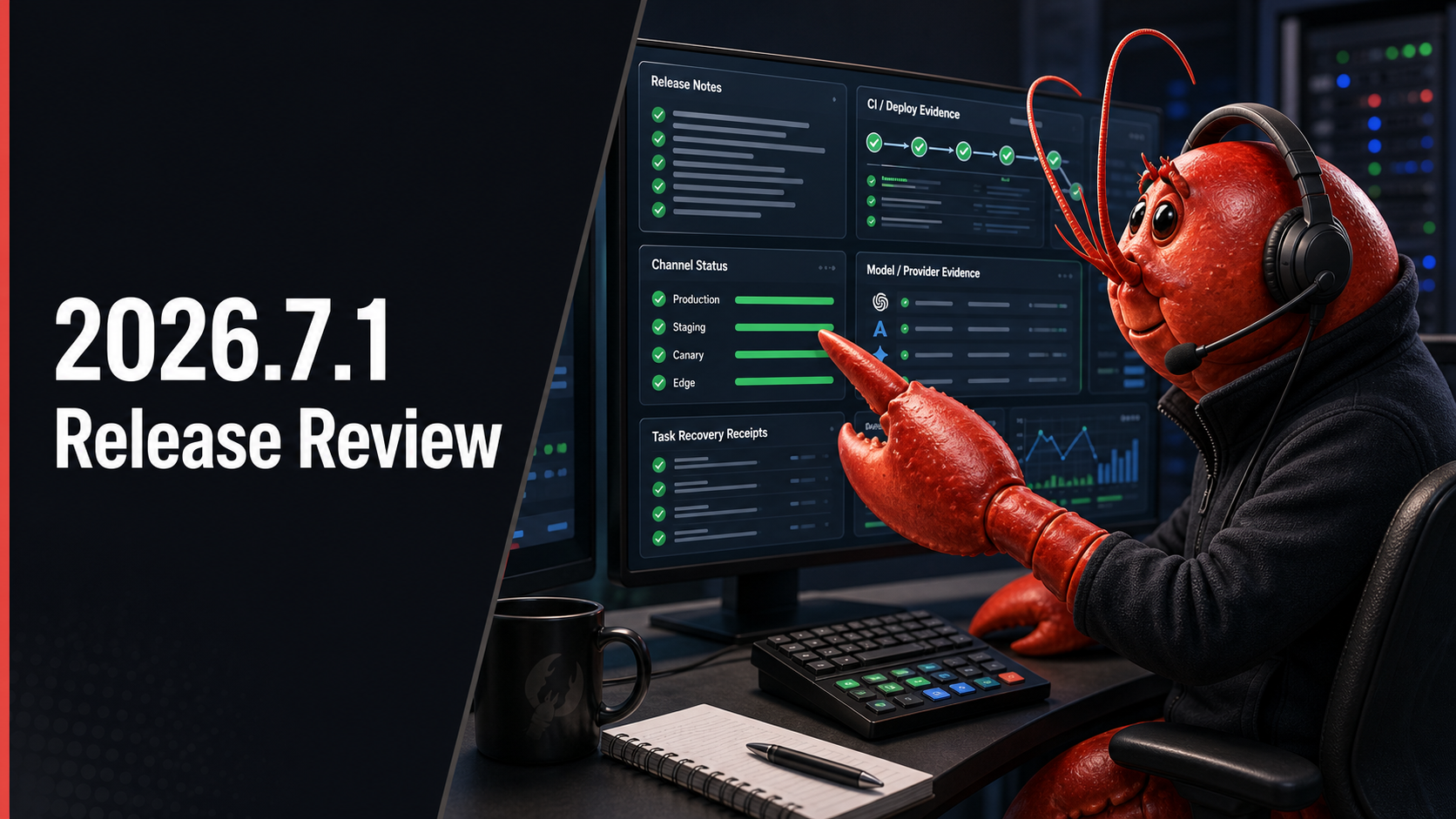A red lobster-inspired OpenClaw operator mascot reviewing the 2026.7.1 release at a workstation.