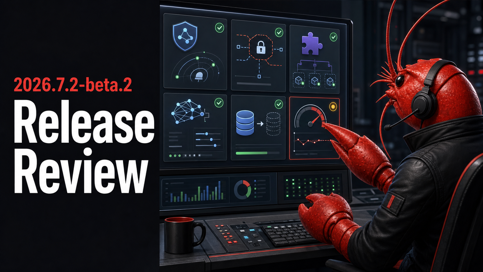 A red lobster-inspired OpenClaw operator reviewing the 2026.7.2-beta.2 release evidence at a workstation.