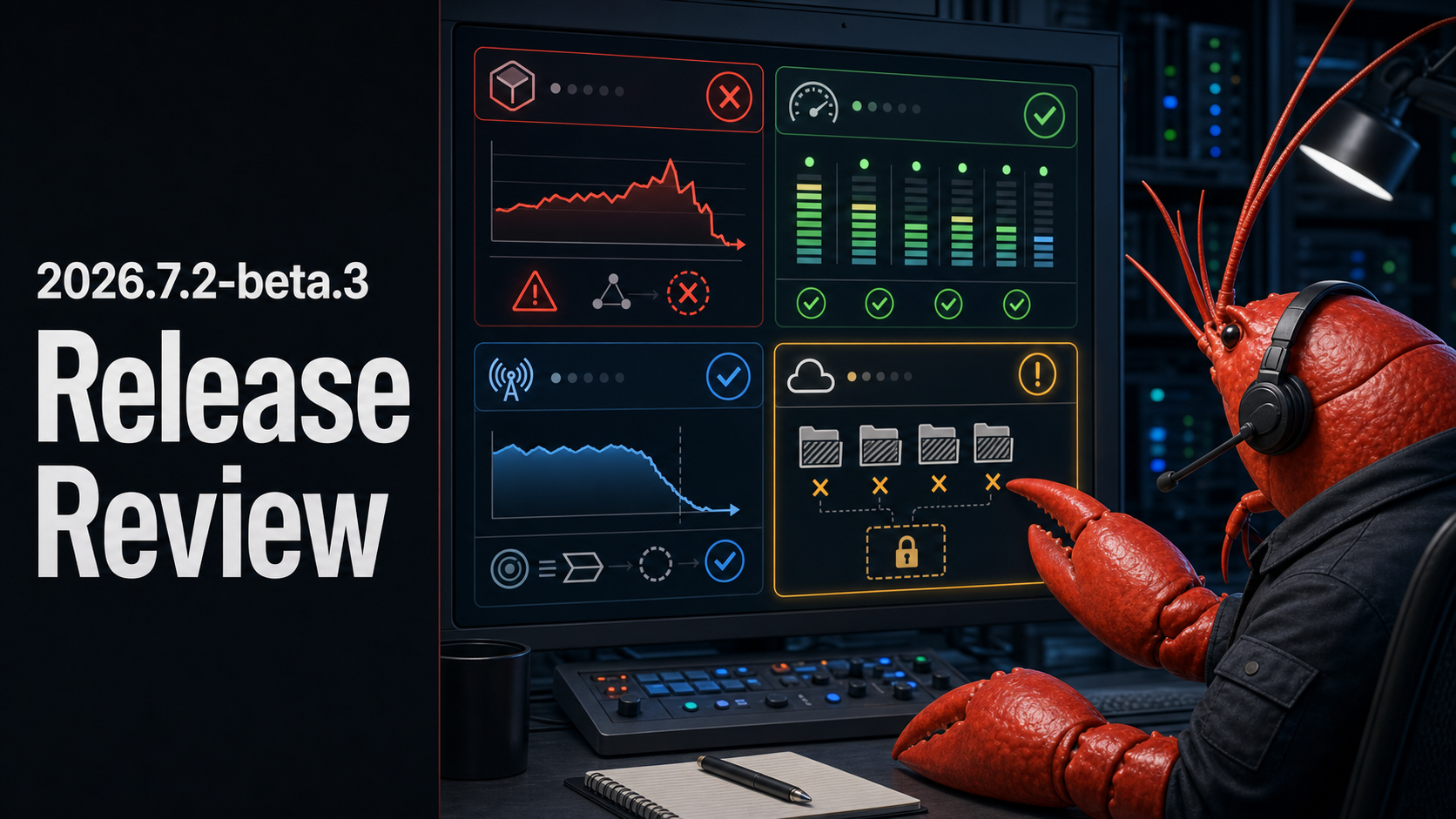 A red lobster-inspired OpenClaw operator reviewing the 2026.7.2-beta.3 release evidence at a workstation.