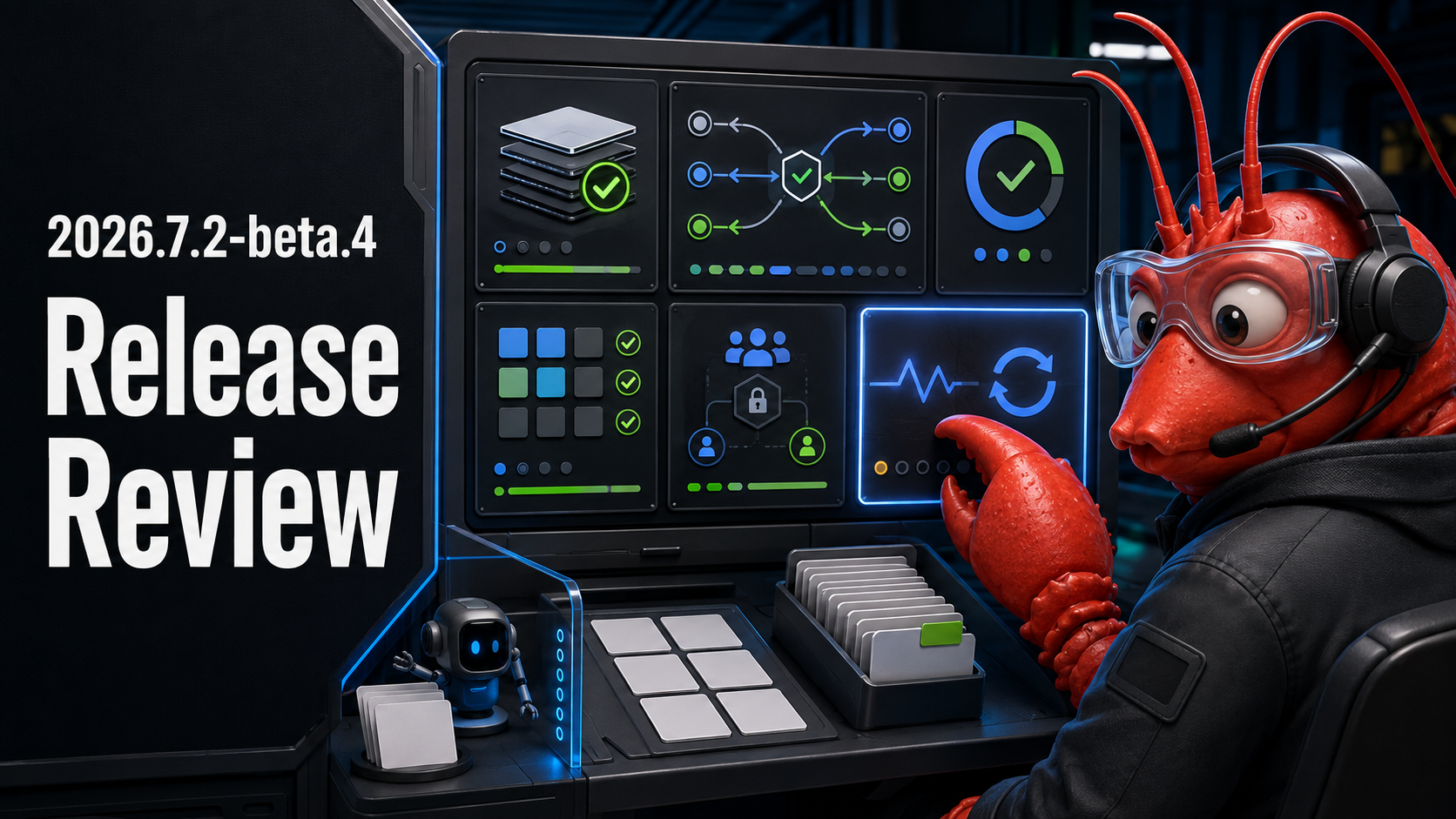 A red lobster-inspired OpenClaw operator mascot reviewing the 2026.7.2-beta.4 release at a workstation.